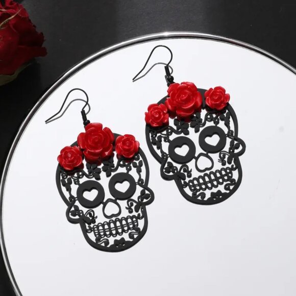 Red Roses Skull Head Drop Earrings - Picture 5 of 5